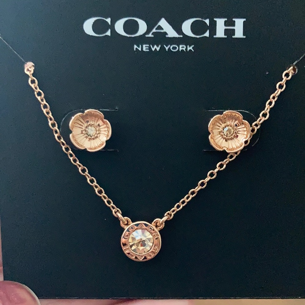 Coach Rose Gold Flower Earrings and Necklace Set
